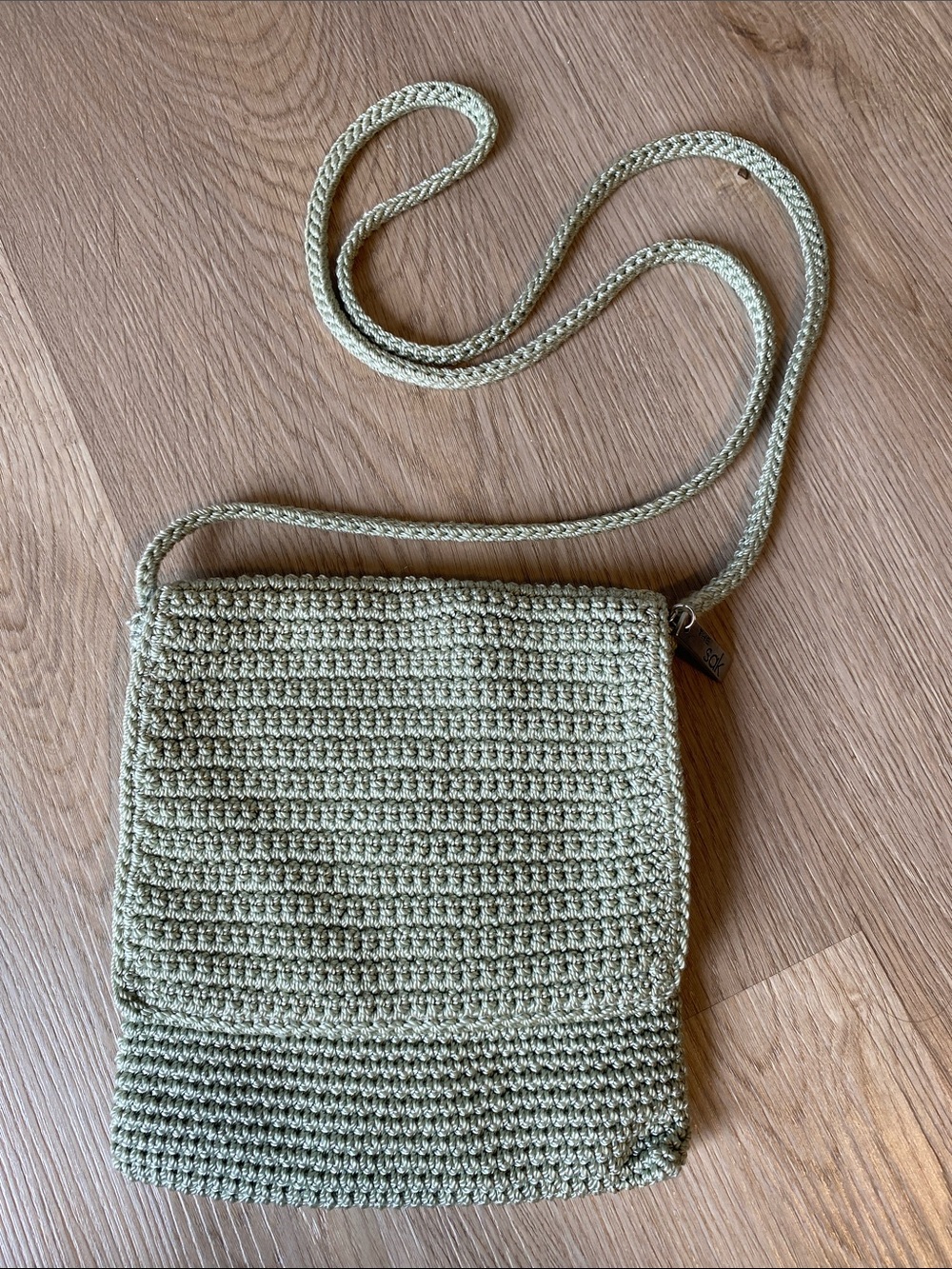 The Sak Sage Green Crochet Knit Crossbody Bag Boho Festival Shoulder Purse